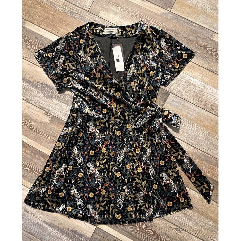 NEW! Urban Outfitters Velvet Wrap Dress with Subtle Tiger Details